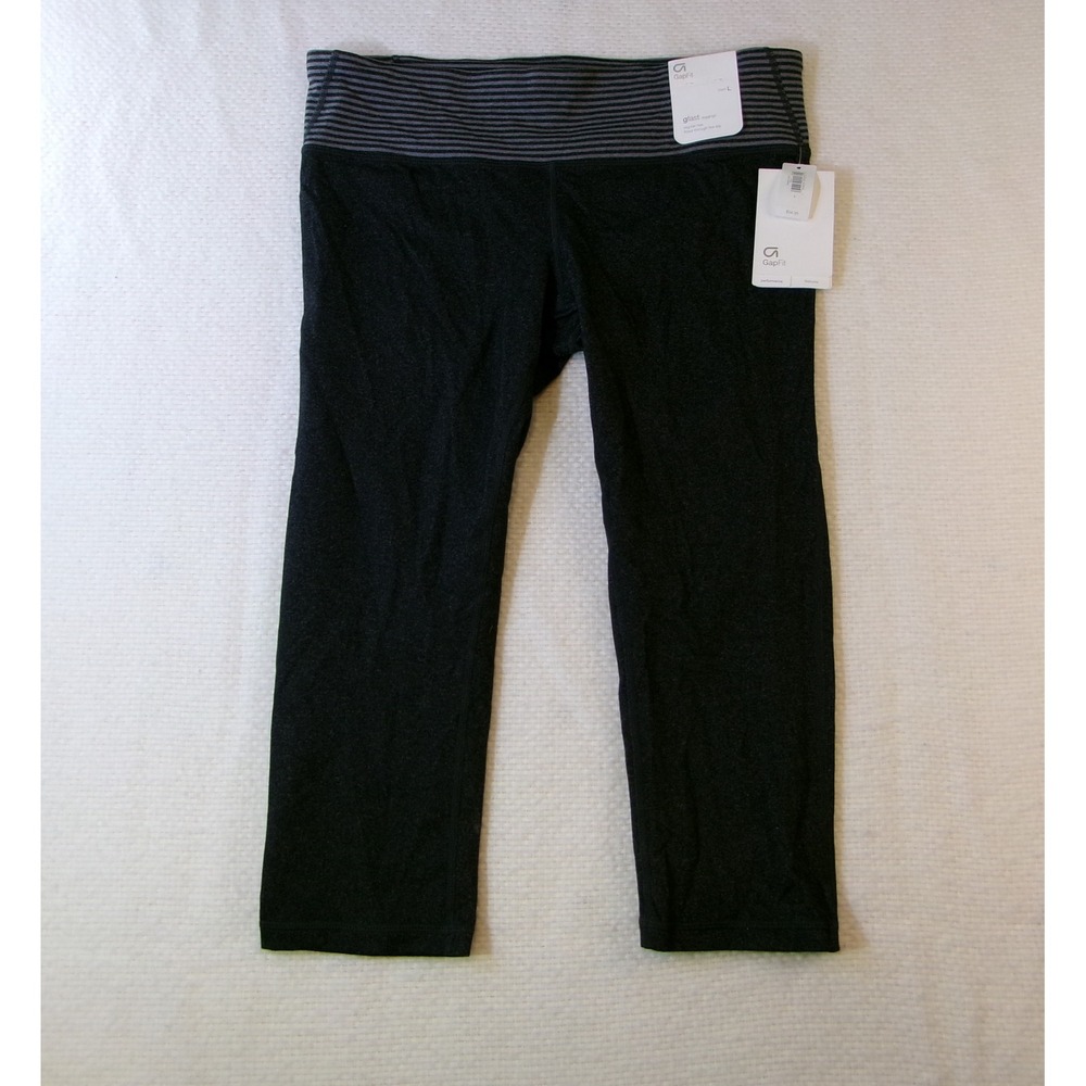 GapFit gFast Capri Leggings Womens Large Grey Striped Waist Workout Yoga 768850